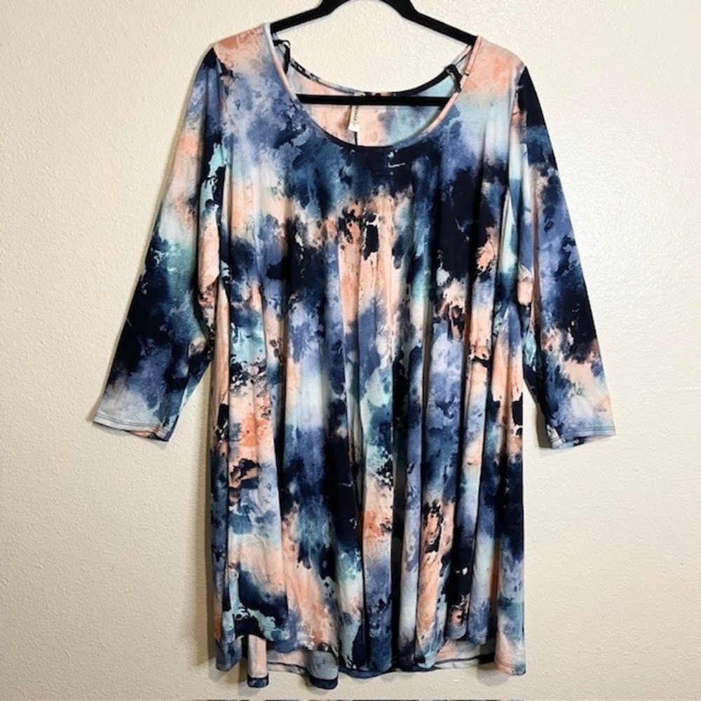EMERALD Size 1X Tie Dye Print Long Sleeve Tunic Lagenlook Artistic Relaxed